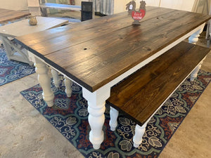 7ft Chunky Turned Leg Farmhouse Table with Benches (Dark Walnut White)