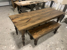 Load image into Gallery viewer, 6ft Narrow Farmhouse Table with Bench and Metal Chairs (Dark Walnut)
