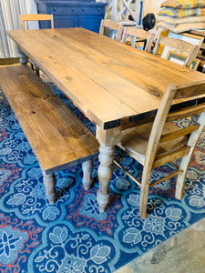 7ft Turned Leg Farmhouse Table, With Bench and Chairs, (Early American)