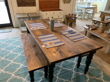 Load image into Gallery viewer, 6ft Turned Leg Modern Farmhouse Table Set with Benches (Provincial Top, Black Base)
