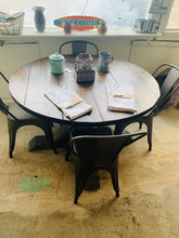 Load image into Gallery viewer, 4ft Round Pedestal Farmhouse Table Set with Metal Chairs ( Classic Gray, Dark Walnut)
