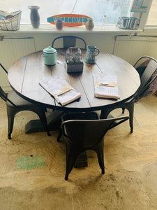 4ft Round Pedestal Farmhouse Table Set with Metal Chairs ( Classic Gray, Dark Walnut)
