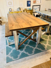 Load image into Gallery viewer, 6ft Classic X Style Farmhouse Table Set with Benches (Early American, Distressed White)
