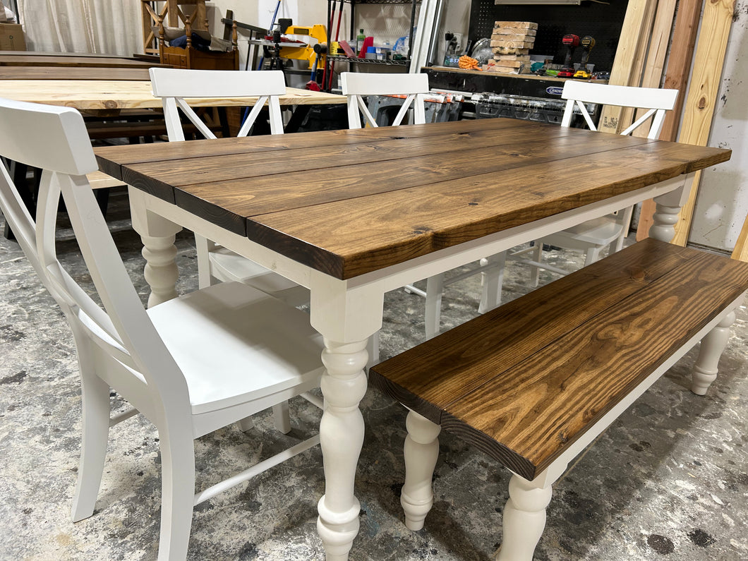 6ft Turned Leg Farmhouse Table with Chairs and Bench (White, Provincial)
