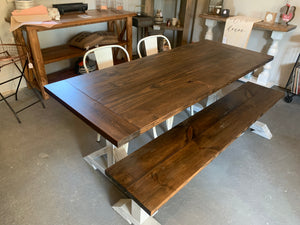 6ft Narrow Pedestal Table with Chairs and Bench (Distressed White Dark Walnut)