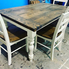 Load image into Gallery viewer, 5ft Turned Leg Farmhouse Table Set with Bench and Chairs (Dark Walnut, Antique White)
