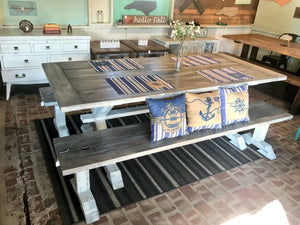 7ft Classic Pedestal Table With Benches (Distressed White, Gray White Wash)