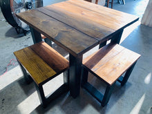 Load image into Gallery viewer, Square Farmhouse Table, Modern Farmhouse Table, Dining Set with Stools, Table with Short Benches, Provincial Brown Top and Black Base
