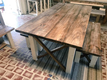 Load image into Gallery viewer, Farmhouse Table With Benches with Dark Walnut Top and Antique White Base and Cross Brace Design
