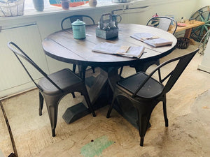 4ft Round Pedestal Farmhouse Table Set with Metal Chairs ( Classic Gray, Dark Walnut)