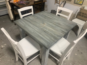 Square Farmhouse Table with Chairs (Gray White Wash, Distressed White)