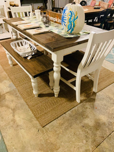 5ft Turned Leg Farmhouse Table Set with Benches and Chairs (Dark Walnut, Antique White)