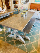 Load image into Gallery viewer, Narrow 7ft Rustic Pedestal Farmhouse Dining Table Set with Benches (Gray White Wash)
