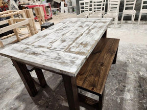 5ft Farmhouse Table with Benches (Weathered White, Dark Walnut)
