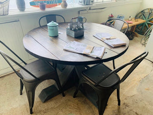 4ft Round Pedestal Farmhouse Table Set with Metal Chairs ( Classic Gray, Dark Walnut)