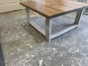 Farmhouse Square Coffee Table (Distressed White, Early American Brown)