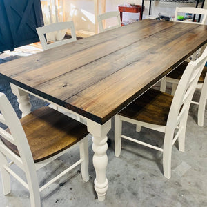 7ft Farmhouse Table With Turned Legs and Chairs (Dark Walnut, White)