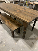 Load image into Gallery viewer, 6ft Narrow Farmhouse Table with Bench and Metal Chairs (Dark Walnut)

