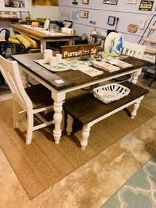 5ft Turned Leg Farmhouse Table Set with Benches and Chairs (Dark Walnut, Antique White)
