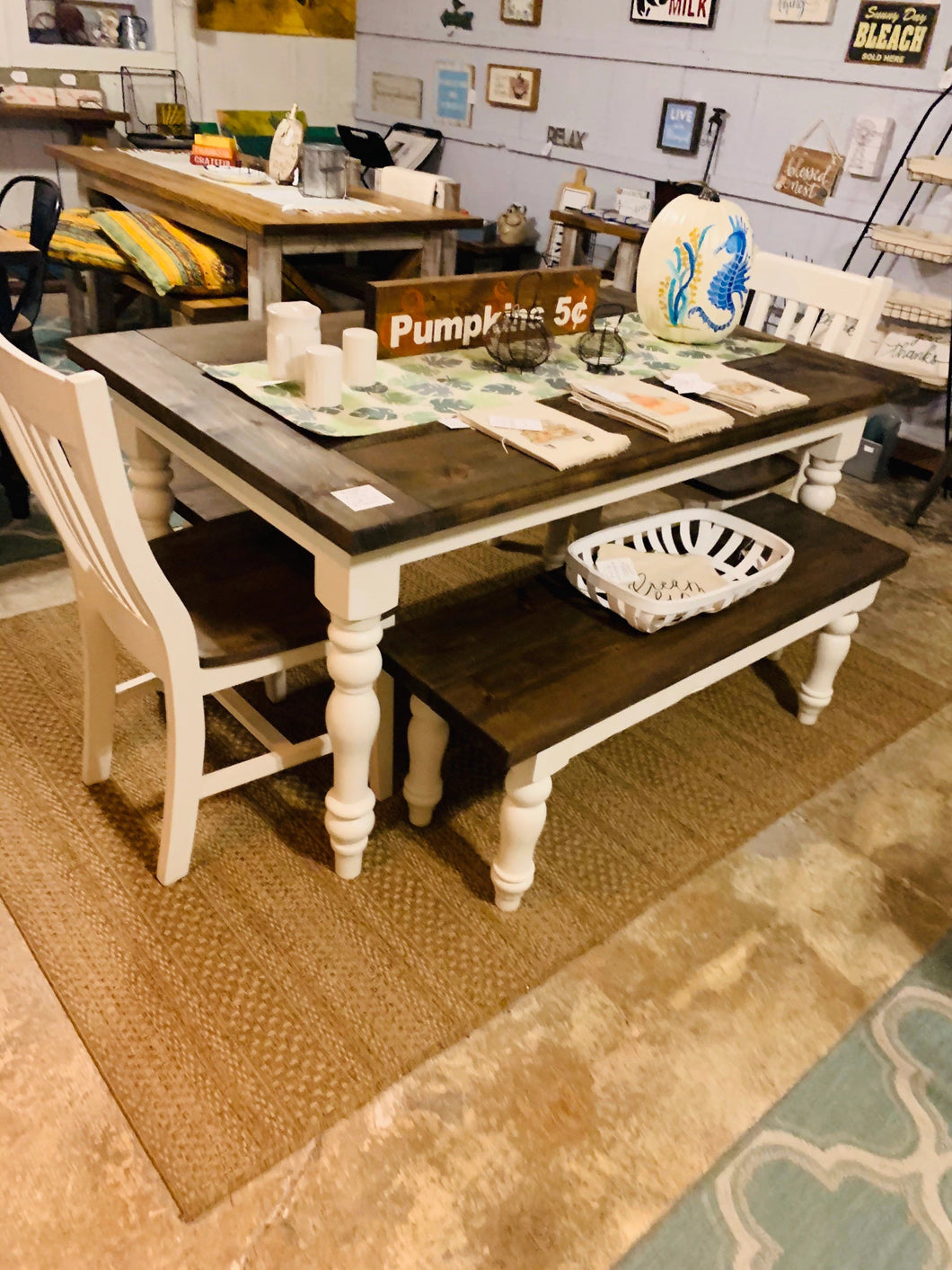5ft Dining Table and Benches - Turned Table Legs - Antique White, Dark Walnut - Small Kitchen Table - Breadboard Ends for a Farmhouse Look