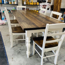 Load image into Gallery viewer, 7ft Farmhouse Table With Turned Legs and Chairs (Dark Walnut, White)
