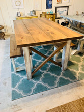 Load image into Gallery viewer, 6ft Classic X Style Farmhouse Table Set with Benches (Early American, Distressed White)
