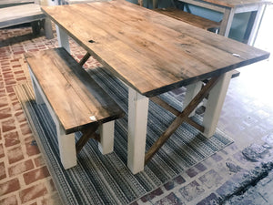 Farmhouse Table With Benches with Dark Walnut Top and Antique White Base and Cross Brace Design