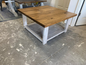 Farmhouse Square Coffee Table (Distressed White, Early American Brown)