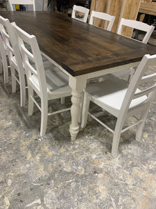 7ft Turned Leg Table with Breadboards and Chairs (Dark Walnut, White)