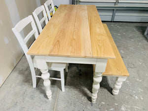 6ft Narrow Oak Rustic Farmhouse Table with Turned Legs (Natural Oak, White)