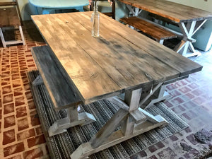 6ft Classic Pedestal Table With Benches (Gray Whitewash, Distressed White)