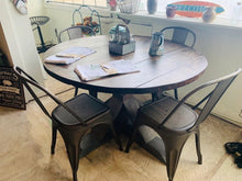 Load image into Gallery viewer, 4ft Round Pedestal Farmhouse Table Set with Metal Chairs ( Classic Gray, Dark Walnut)
