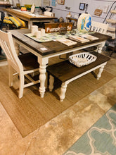 Load image into Gallery viewer, 5ft Dining Table and Benches - Turned Table Legs - Antique White, Dark Walnut - Small Kitchen Table - Breadboard Ends for a Farmhouse Look
