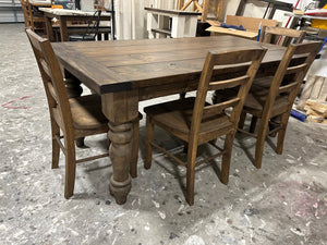 6ft Rustic Farmhouse Dining Set with Chunky Turned Legs, Bench, and Chairs in Dark Walnut