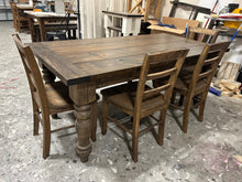 Load image into Gallery viewer, 6ft Rustic Farmhouse Dining Set with Chunky Turned Legs, Bench, and Chairs in Dark Walnut
