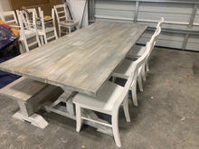 Load image into Gallery viewer, Custom: Rustic Pedestal Farmhouse Table with Chairs and Benches and Seamless Top (Gray White Wash, Distressed White)
