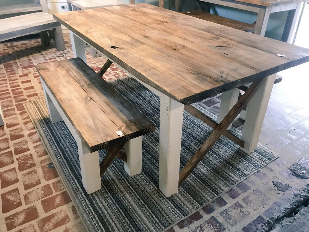 Farmhouse Table With Benches with Dark Walnut Top and Antique White Base and Cross Brace Design