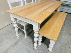 6ft Narrow Oak Rustic Farmhouse Table with Turned Legs (Natural Oak, White)