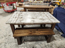Load image into Gallery viewer, 5ft Farmhouse Table with Benches (Weathered White, Dark Walnut)
