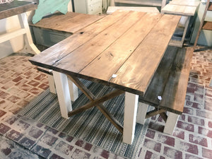 Farmhouse Table With Benches with Dark Walnut Top and Antique White Base and Cross Brace Design