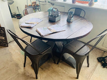 Load image into Gallery viewer, 4ft Round Pedestal Farmhouse Table Set with Metal Chairs ( Classic Gray, Dark Walnut)

