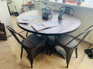 4ft Round Pedestal Farmhouse Table Set with Metal Chairs ( Classic Gray, Dark Walnut)
