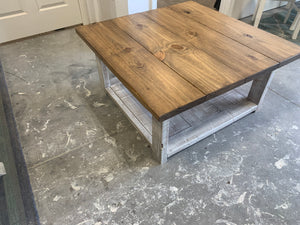 Farmhouse Square Coffee Table (Distressed White, Early American Brown)