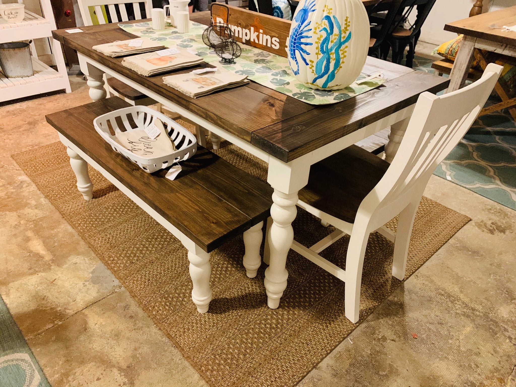 5ft Turned Leg Farmhouse Table Set with Benches and Chairs Dark Walnu Curbside Treasures LLC