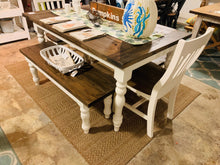 Load image into Gallery viewer, 5ft Dining Table and Benches - Turned Table Legs - Antique White, Dark Walnut - Small Kitchen Table - Breadboard Ends for a Farmhouse Look
