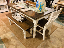 Load image into Gallery viewer, 5ft Turned Leg Farmhouse Table Set with Benches and Chairs (Dark Walnut, Antique White)

