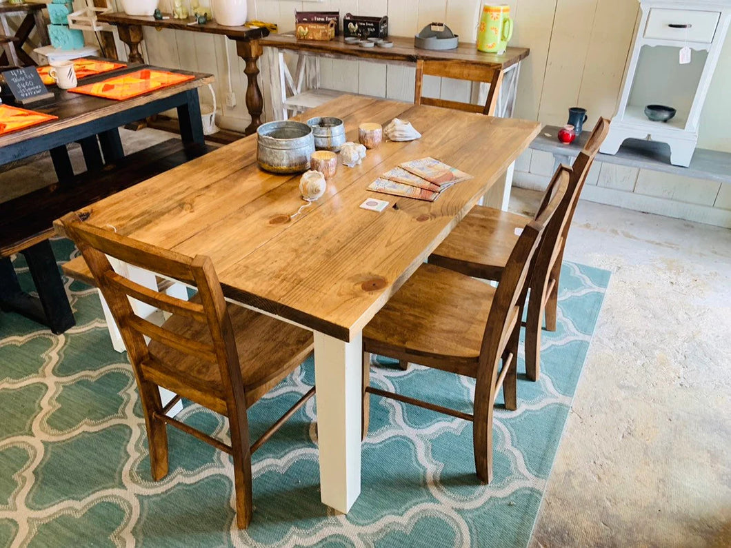 Farmhouse Dining Set - Bench Seating - Early American, Antique White - Wooden Kitchen or Dining Room Table - Rustic Farmhouse Style