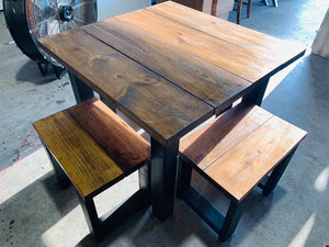 Square Farmhouse Table, Modern Farmhouse Table, Dining Set with Stools, Table with Short Benches, Provincial Brown Top and Black Base