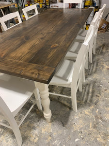 7ft Turned Leg Table with Breadboards and Chairs (Dark Walnut, White)