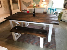 Load image into Gallery viewer, 6ft Boxed X Style Farmhouse Table Set with Benches (Dark Walnut, Antique White)
